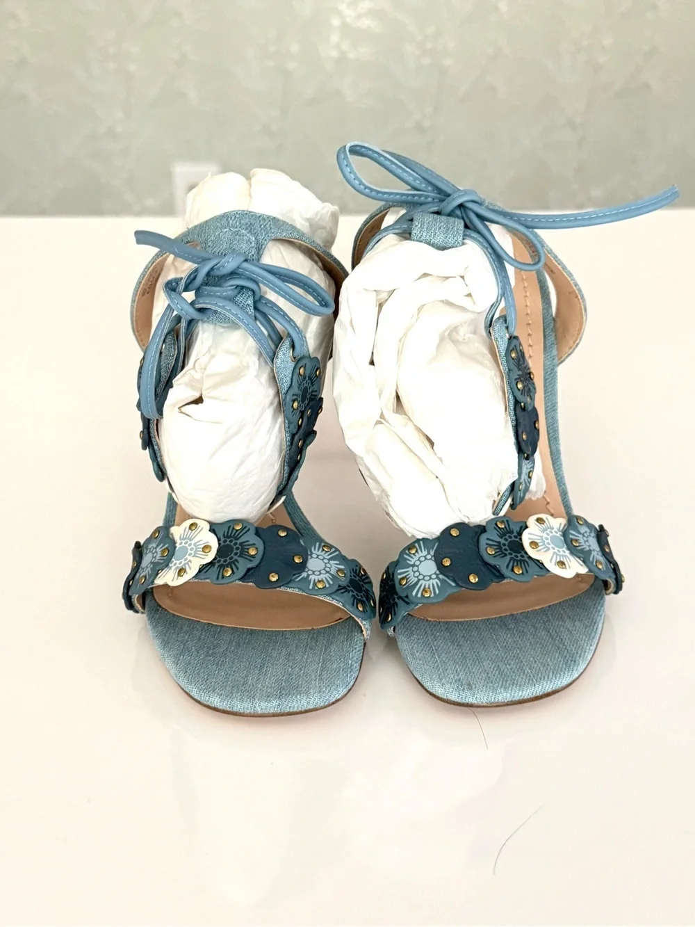 Coach Light Blue Denim Floral Appliqué High Heel Sandals